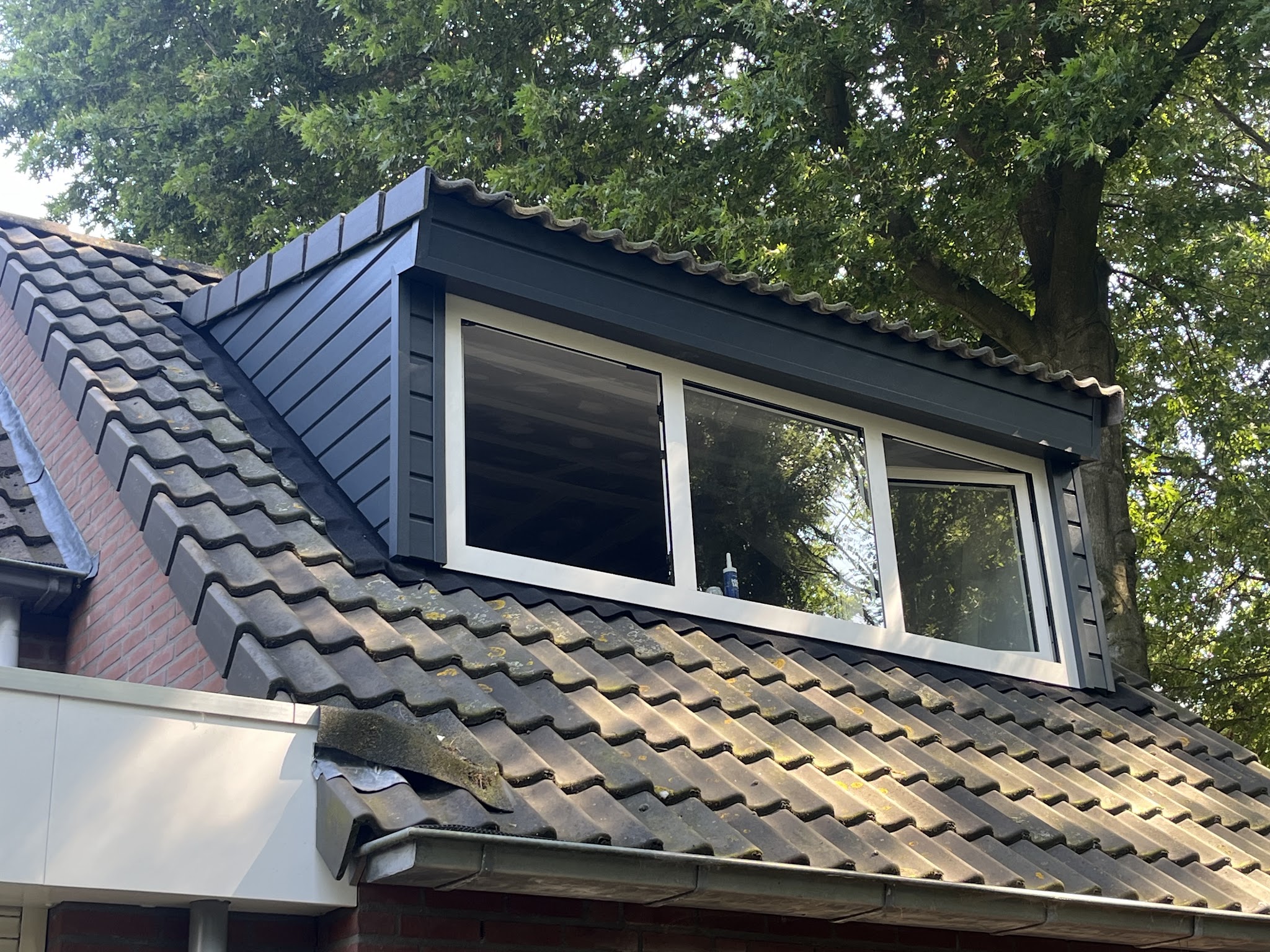 Dakkapel met donkere bekleding en witte kozijnen op een pannendak, met bomen op de achtergrond
